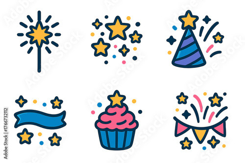 Festive party elements set featuring sparkler, birthday hat, cupcake, stars, and bunting garland