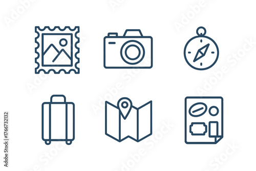 Minimalist outline symbols representing travel, tourism, vacation, and adventure