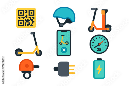 Electric scooter sharing service elements and rental application icons set