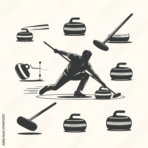 Vector art of silhouette illustration of a curler in action, surrounded by curling stones and brooms, capturing the dynamic essence of the sport