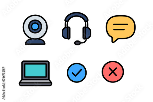 Colorful icons set for online communication, video calls, customer support, and status feedback symbols