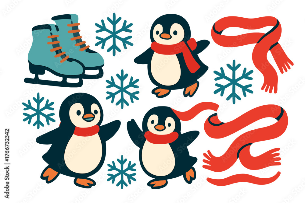 Fototapeta premium Cute winter scene with playful penguins, ice skates, warm scarves, and falling snowflakes