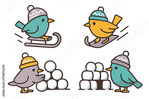 Cute cartoon birds playing winter sports and having a snowball fight on white