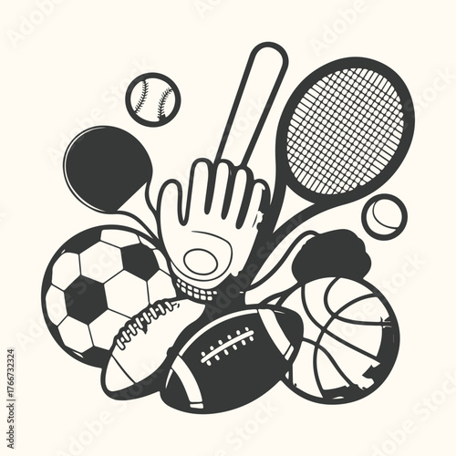 Vector art of a dynamic collection of various sports equipment, including a soccer ball, basketball, football, baseball, tennis racket, and more, artfully arranged for a visually engaging composition