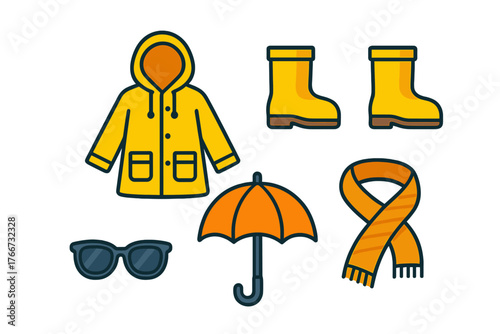 Yellow raincoat, rubber boots, and umbrella set for autumn rain protection