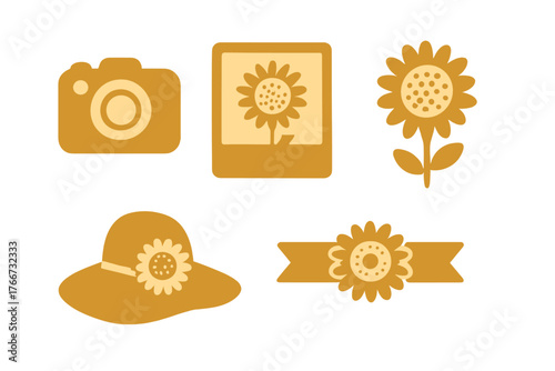 Monochromatic flat design icons of summer vacation and photography elements including sunflowers, camera, and sun hat