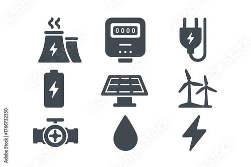 Essential energy and utility symbols including power plant, solar, wind, battery, and water