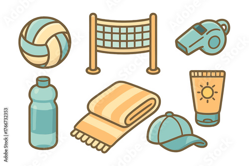Set of beach volleyball equipment and summer accessories including ball net whistle and cap