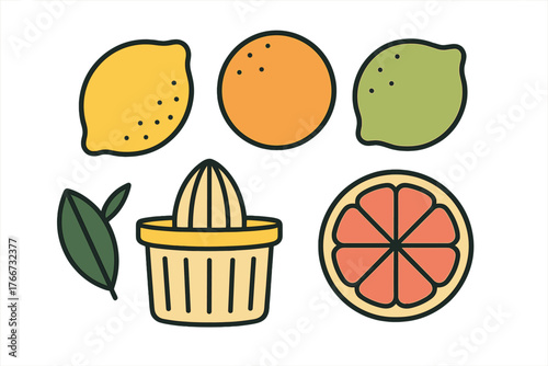 Lemon, orange, lime, and grapefruit slices with a manual citrus juicer tool