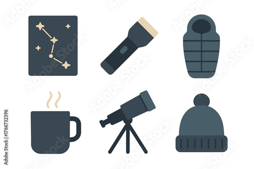 Cold weather camping and astronomy gear set: telescope, sleeping bag, flashlight, constellation map