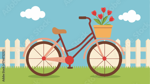 A vintagestyle bicycle with a basket full of fresh flowers parked against a wooden fence dotted with heartshaped decorations.