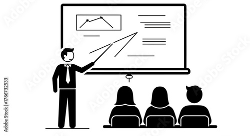 A simple black and white vector illustration showing a teacher giving a presentation or lecture