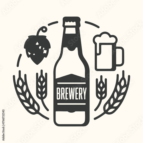 Vector art of brewery logo with beer bottle, hop, wheat, and mug, representing craft beer and brewing industry, isolated on a light background