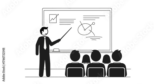A simple black and white vector illustration showing a teacher giving a presentation or lecture