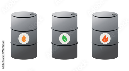 Metal barrels with various fuels on a white background