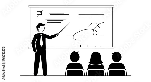 A simple black and white vector illustration showing a teacher giving a presentation or lecture