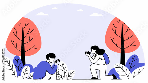 Neighbors participating in a nature walk observing and documenting local wildlife as part of an educational aspect of their cleanup initiative with a serene natural landscape.