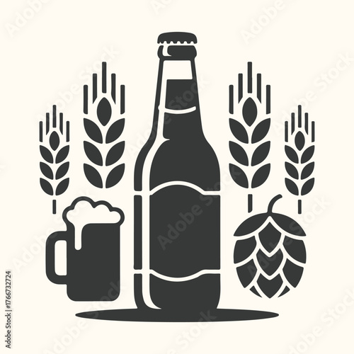 Vector art of a stylized illustration of a beer bottle, a mug of beer, hops, and wheat stalks, representing the brewing process and ingredients, perfect for beverage and craft themes