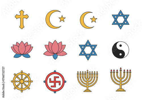 Collection of Religious Symbols: Cross Crescent Star of David Lotus Wheel of Dharma Swastika Menorah.