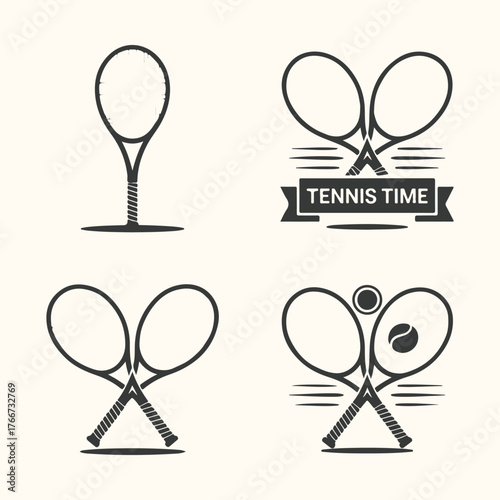 Vector art of collection of four stylized tennis racket icons and emblems, featuring a single racket, crossed rackets, and rackets with a tennis ball and text