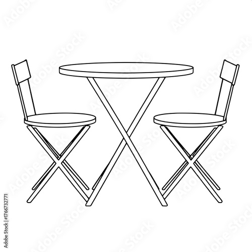 Simple black line illustration of garden furniture featuring a round table with X-shaped legs made of thin uniform lines, flanked by two matching chairs with identical X-shaped legs and flat seats, de