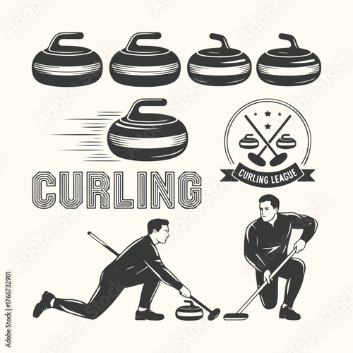Vector art of vintage illustration of curling sport elements, including stones, players, and the word curling in a retro style, isolated on a light background