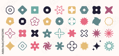 Abstract retro modern icon and geometric shape set in minimal style in pastel and bold colors, for branding, UI design, logos, web elements, stickers, creative projects.Vector illustration