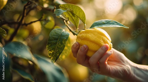 Hand reaching for a ripe lemon on a tree branch in a sunlit garden, with morning dew on the leaves and warm golden light