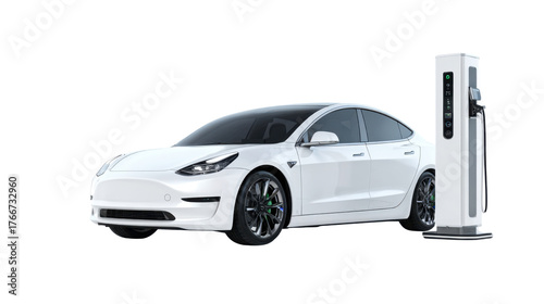 White Electric Car Charging at EV Station on white Background – Modern Eco-Friendly Vehicle Concept