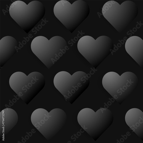 Dark Gradient Heart Seamless Pattern Background.Black hearts in modern style on a solid dark background, for Valentines Day, gothic romance designs, fashion branding, web backgrounds, packaging.Vector