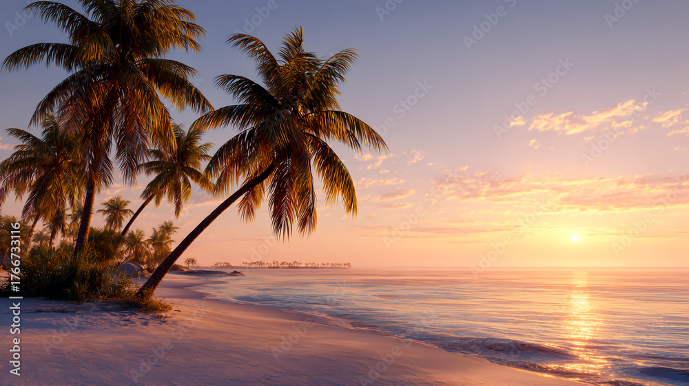 Fototapeta premium Sunset on the beach with palm trees and sea view