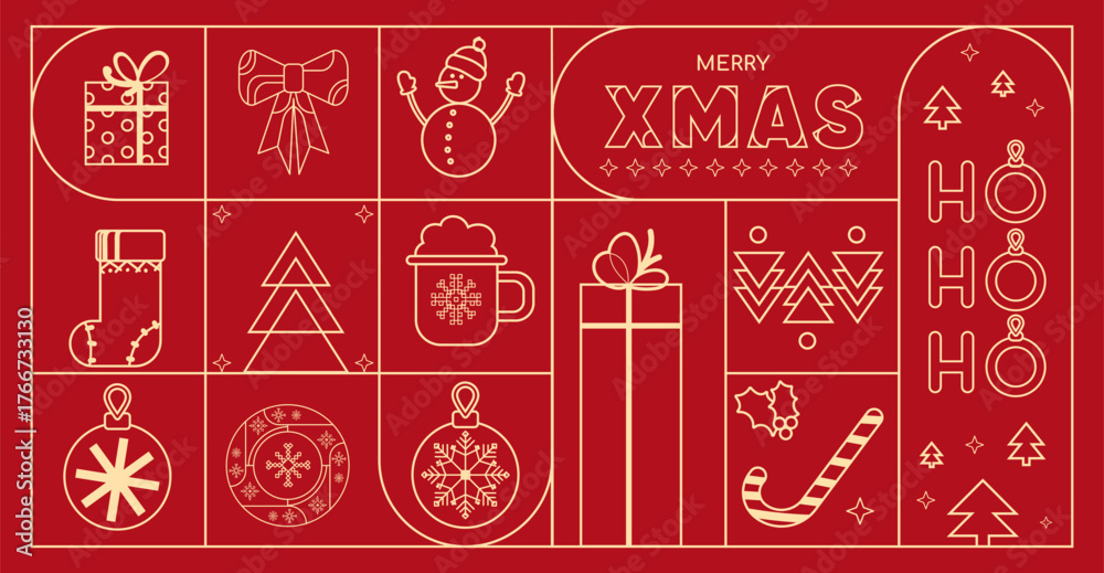 Fototapeta premium Modern Christmas geometric background with festive line icons and elements. Creative Xmas design for holiday cards, posters, banners, social media, web design, seasonal marketing. Vector illustration