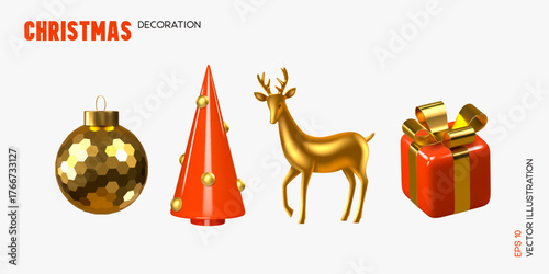 Set of 3D Christmas decorations with golden bauble, red cone tree, reindeer, and gift box with ribbon. Elegant festive elements for winter New Year holiday design. Vector illustration.