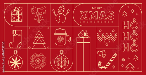 Modern Christmas geometric background with festive line icons and elements. Creative Xmas design for holiday cards, posters, banners, social media, web design, seasonal marketing. Vector illustration