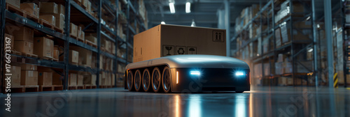Close-up and bottom view of a high-tech autonomous AGV robot (Automated Guided Vehicle), carrying cardboard box in futuristic retail warehouse. Automated logistics concept. Generative Ai.
