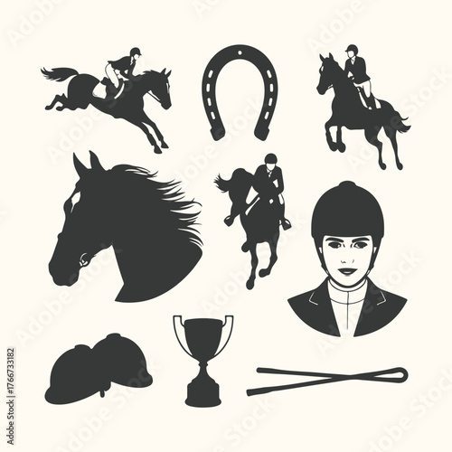 Vector art of collection of equestrian symbols including horses, riders, horseshoe, trophy, helmet, and riding crop, isolated on a light background