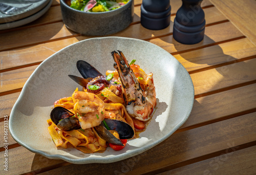 Seafood pasta in bowl 