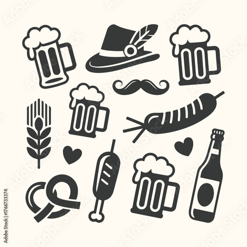 Vector art of collection of traditional german oktoberfest symbols including beer mugs, pretzel, sausage, hat, and mustache, isolated on a light background