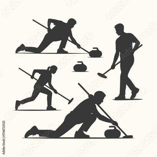 Vector art of silhouette illustration of curling players in action, showcasing the sports dynamic movements and equipment on a plain background