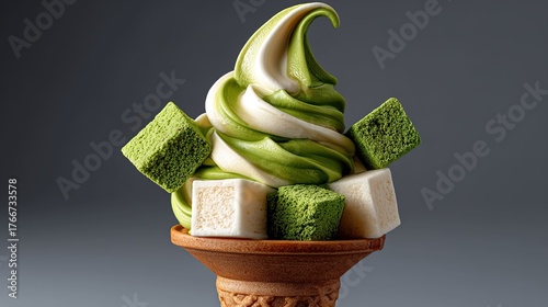 Swirled green and white soft serve ice cream with cubes on a cone
