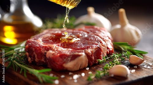Raw steak with oil pouring close up culinary scene