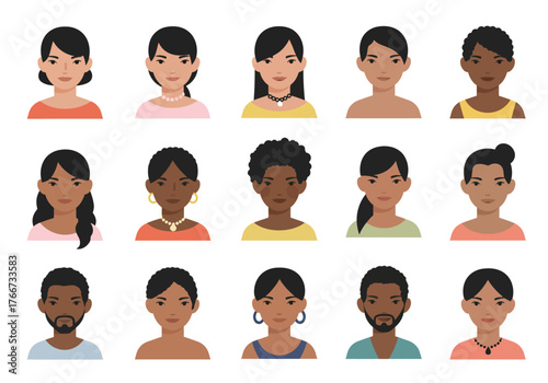 Diverse Collection of People Avatars with Various Skin Tones and Hairstyles.
