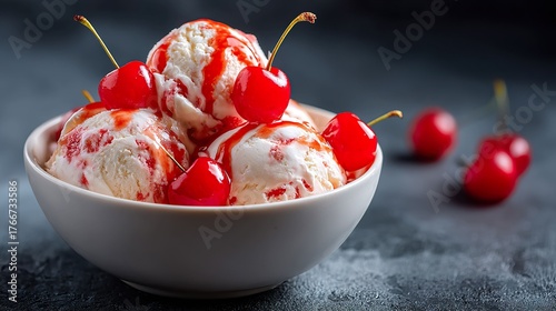 Ice cream sundae with cherries in a bowl