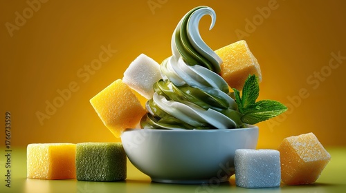 Whipped dessert with fruit and mint on yellow background