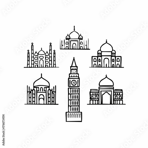 Thin Line World Landmarks Icon Set. A collection of 12 famous architecture symbols like Eiffel Tower and Sydney Opera House for web and app design.