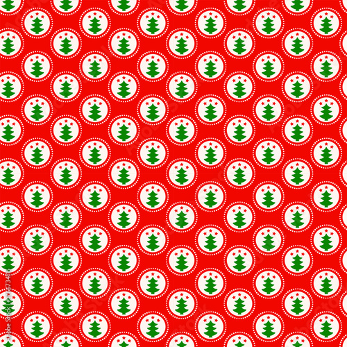 Christmas Tree Badges Seamless Pattern on Red Background