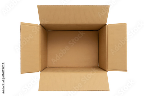 Open empty cardboard box viewed from above isolated on white background