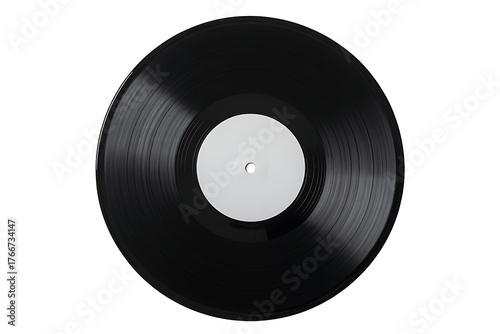 Black vinyl record with blank white label isolated on white background