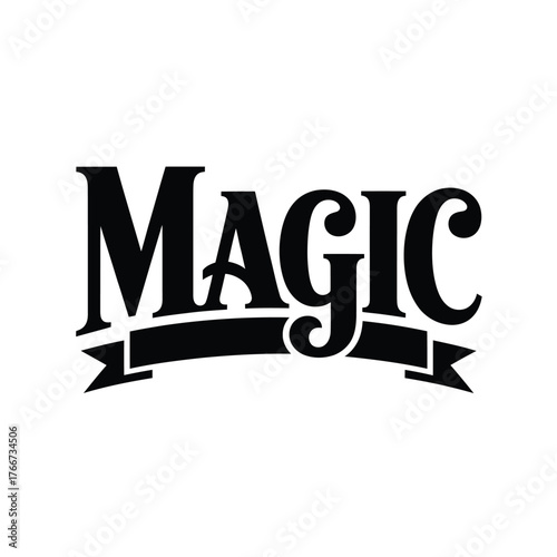 Bold black magic word emblem with ribbon banner on white background