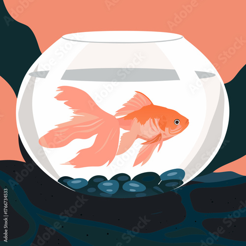 Aquarium with goldfish with designs background  